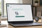 Ноутбук с экраном загрузки AI-приложения и символом защиты