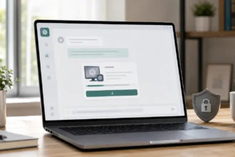 Ноутбук с экраном загрузки AI-приложения и символом защиты