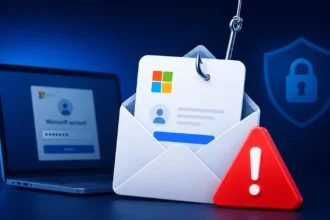 Фишинговое письмо, похожее на уведомление Microsoft, на экране ноутбука