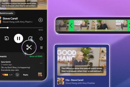 Смартфон с открытым Spotify и подкастом, где пользователь выбирает фрагмент для отправки