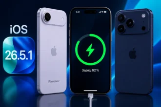 iPhone с экраном обновления iOS и кабелем зарядки