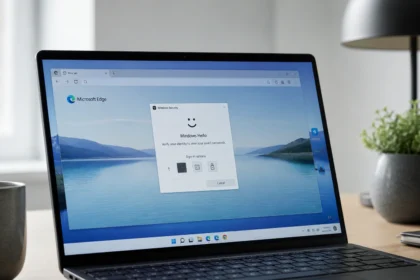 Ноутбук с Microsoft Edge и проверкой Windows Hello для сохранённых паролей
