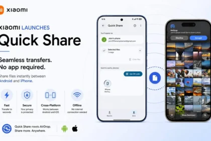 Смартфоны Xiaomi и iPhone рядом с символом передачи файлов