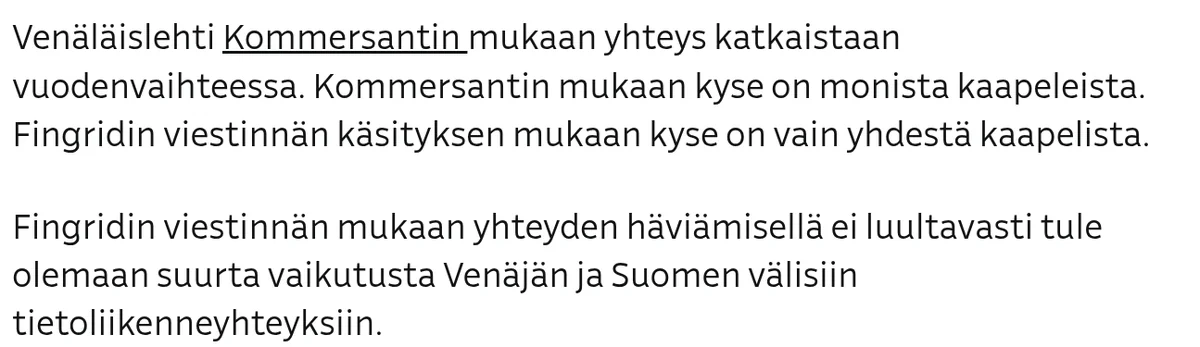 Два абзаца заметки Yle: по версии Fingrid речь идёт лишь об одном кабеле