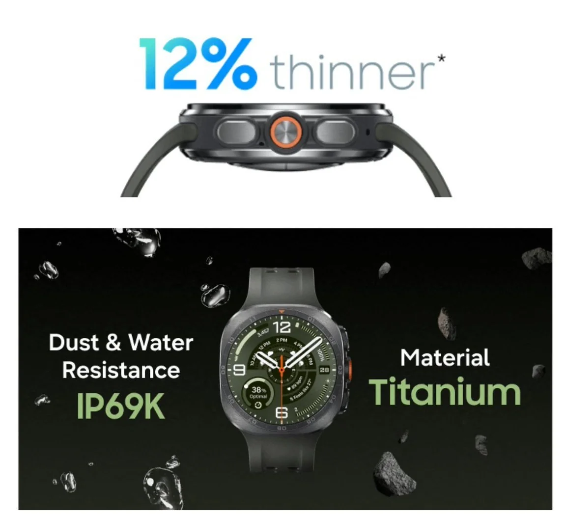 Маркетинговый слайд Galaxy Watch Ultra 2: корпус на 12% тоньше, защита IP69K, титановый корпус