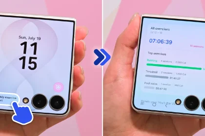 Galaxy Z Flip 8 в руке с виджетом тренировок на внешнем экране FlexWindow