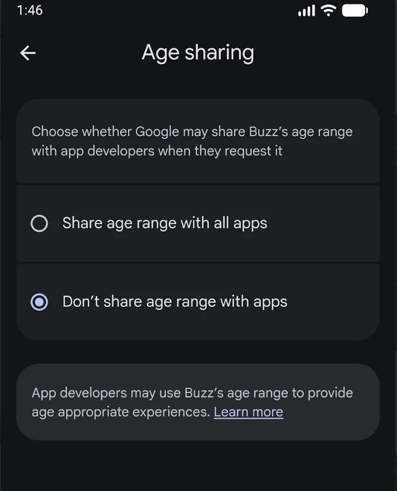 Экран Age sharing в Google Family Link: переключатель передачи возрастного диапазона приложениям