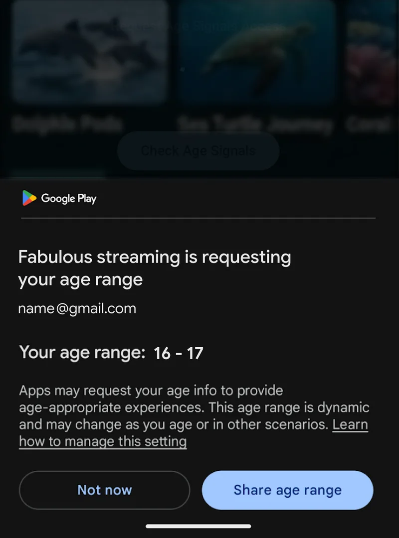 Запрос приложения на возрастной диапазон через Google Play: кнопки «Not now» и «Share age range»