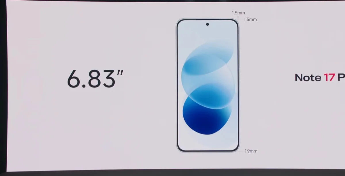 Слайд презентации Redmi Note 17 Pro с диагональю экрана 6,83 дюйма