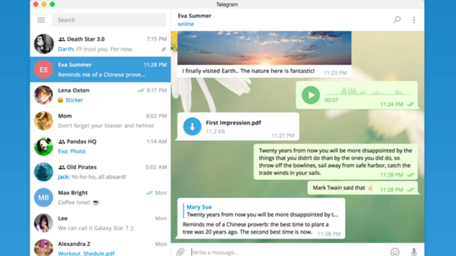 Окно Telegram Desktop со списком чатов и открытой перепиской