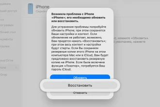 Диалог Finder: возникла проблема с iPhone, его необходимо обновить или восстановить