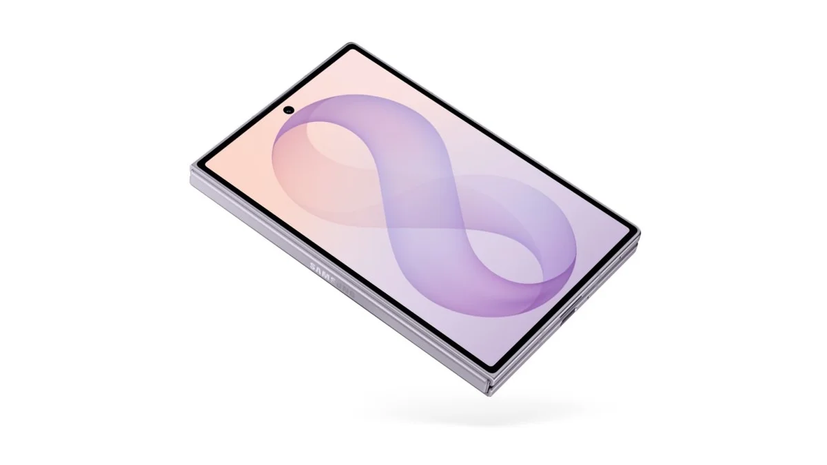 Раскрытый Samsung Galaxy Z Fold 8 лавандового цвета с экраном 7,6 дюйма