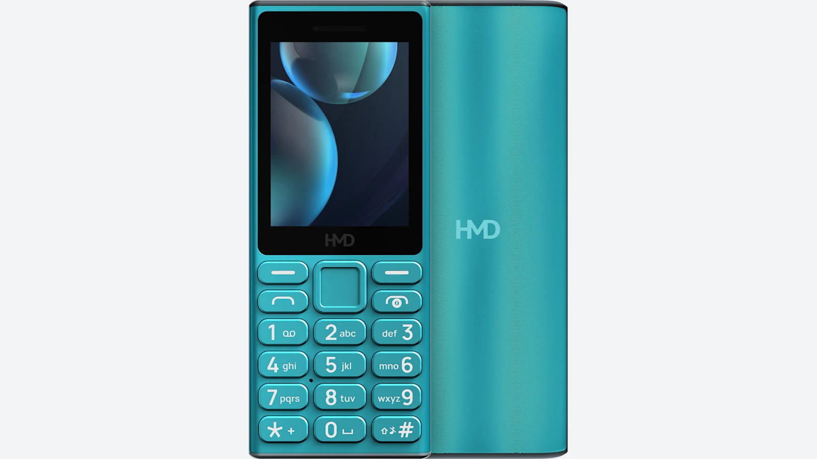 Кнопочный телефон HMD 105 4G School Edition бирюзового цвета, вид спереди и сзади