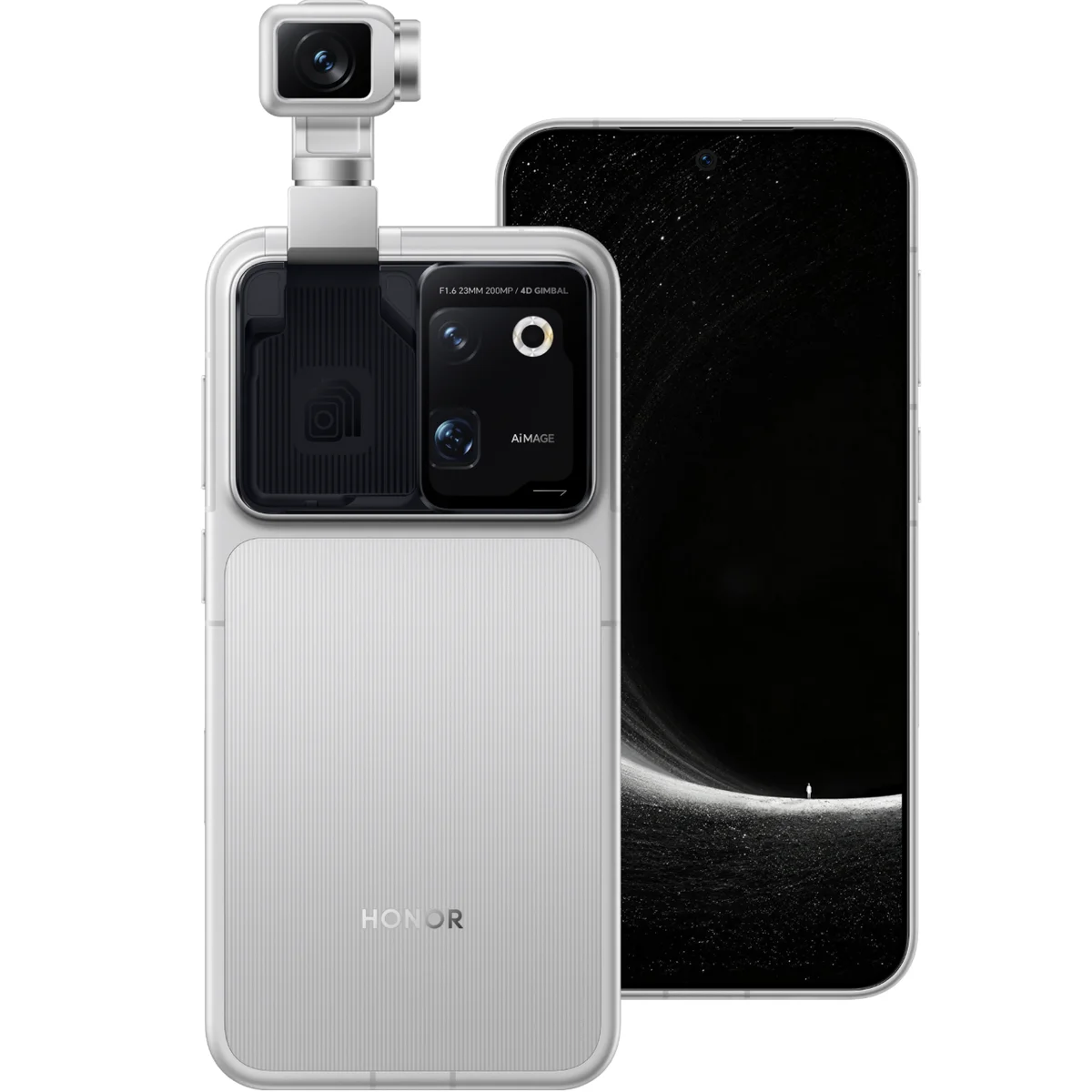 Honor Robot Phone с выдвинутой камерой на механическом подвесе, вид сзади и спереди