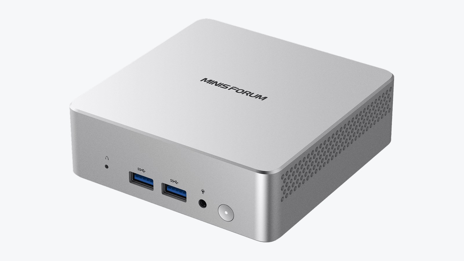 Мини-ПК Minisforum Elite Mini M2 Air-304 в серебристом корпусе, вид спереди