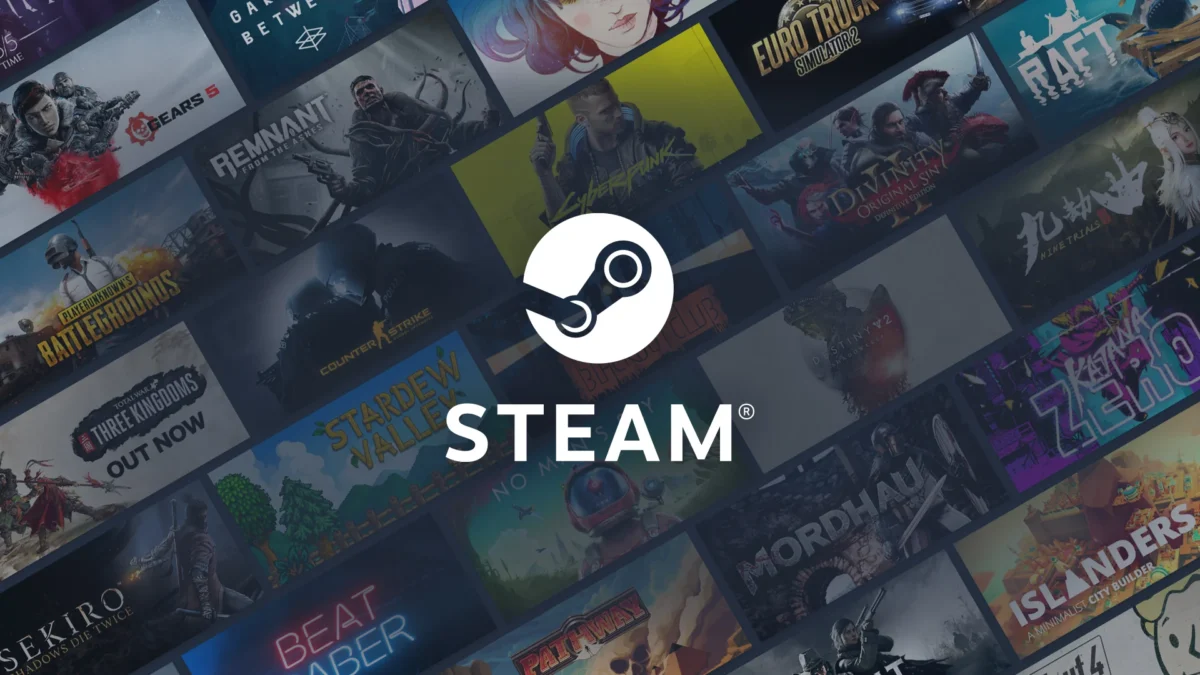 Логотип Steam на фоне обложек игр