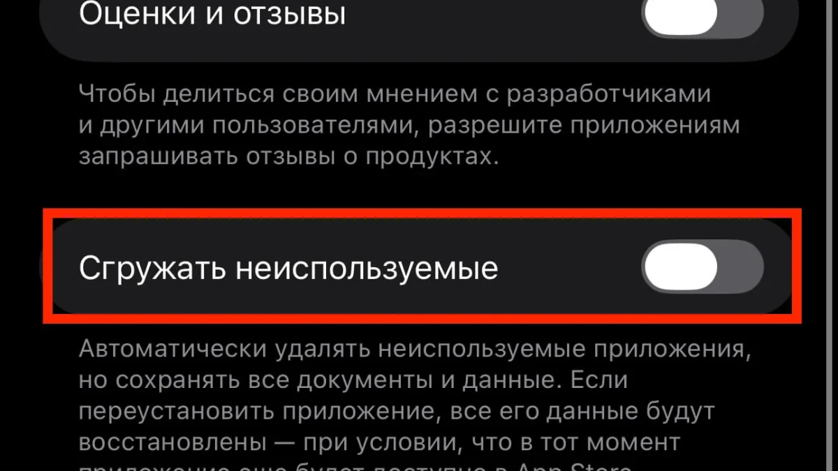 Переключатель «Сгружать неиспользуемые» в настройках App Store на iPhone