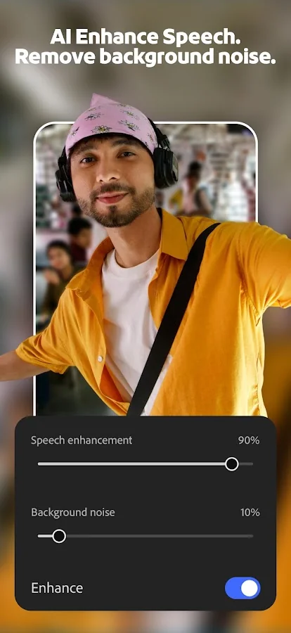 Ползунки улучшения речи и фонового шума в Adobe Premiere на Android