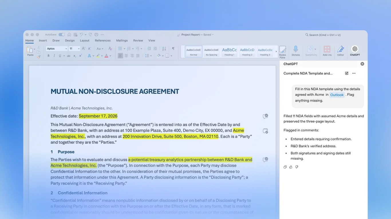 Надстройка ChatGPT в Microsoft Word — официальный скриншот OpenAI