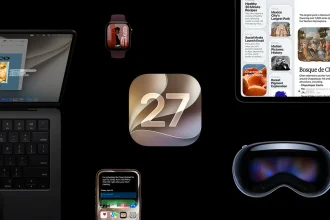 Иконка версии 27 рядом с iPhone, Mac, Apple Watch и Vision Pro