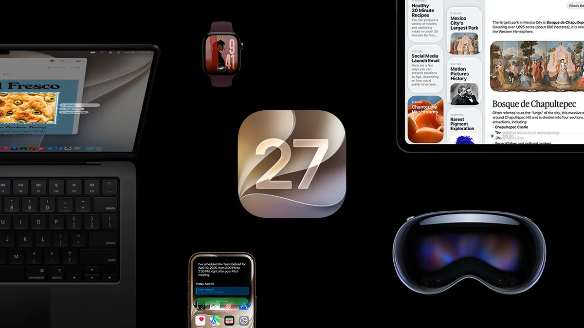 Иконка версии 27 рядом с iPhone, Mac, Apple Watch и Vision Pro