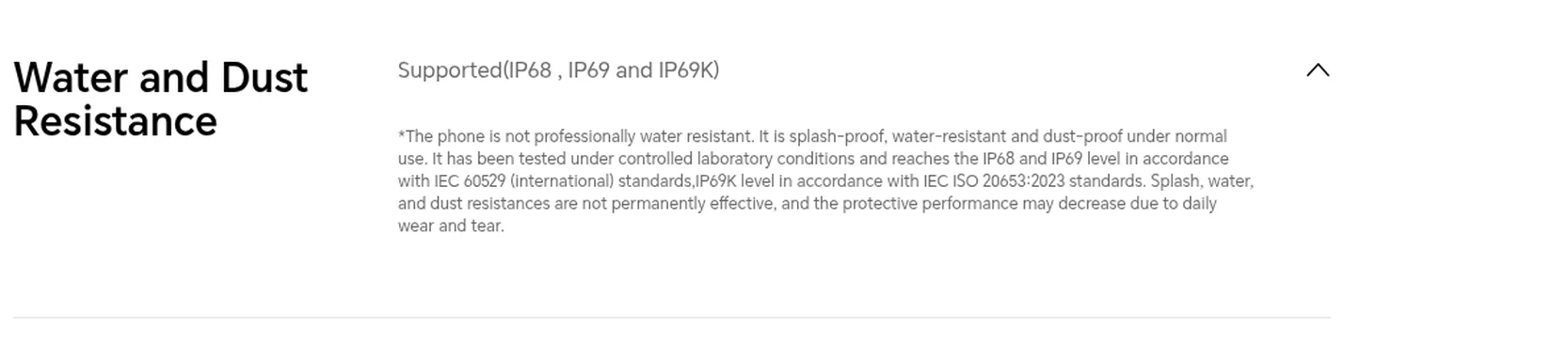 Раздел Water and Dust Resistance в спецификации HONOR Magic8 Pro: Supported (IP68, IP69 and IP69K)