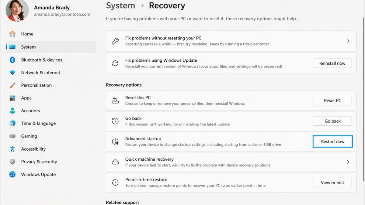 Раздел «Восстановление» в параметрах Windows 11