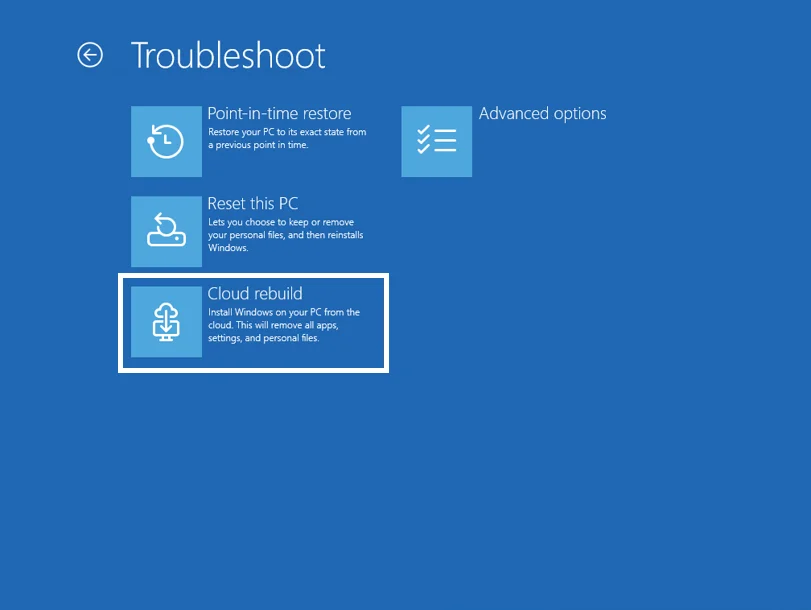 Экран Troubleshoot в среде восстановления Windows с плиткой Cloud rebuild