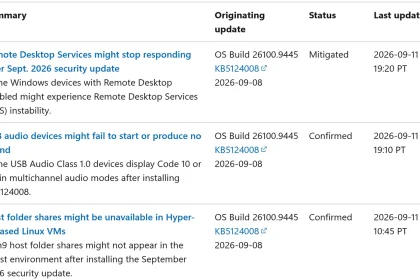 Страница состояния выпусков Windows: три подтверждённые проблемы обновления KB5124008