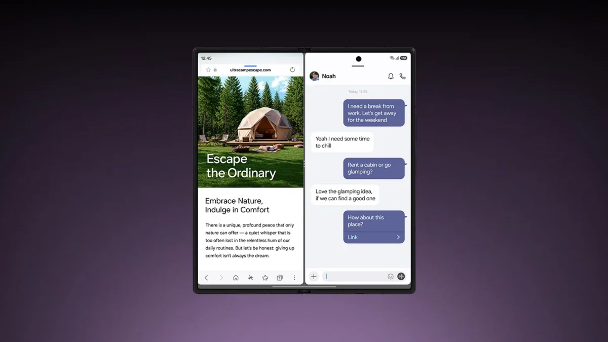 Складной смартфон Samsung Galaxy с интерфейсом One UI 9 в режиме двух окон