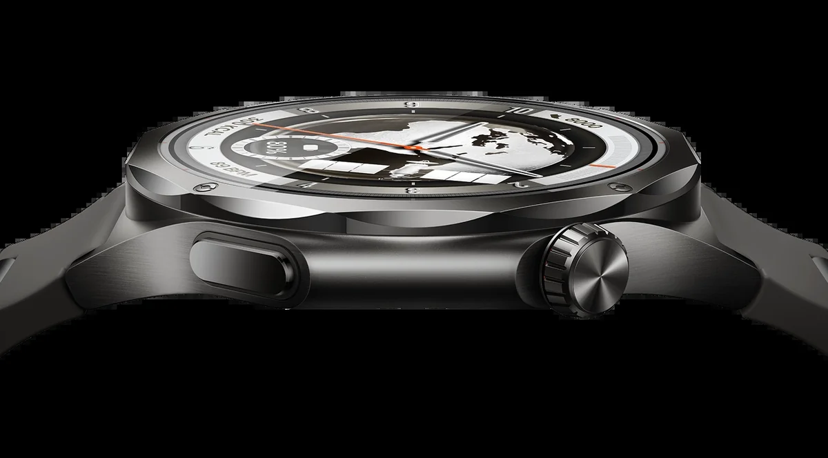 Профиль OPPO Watch X3: рифлёная заводная головка и кнопка на титановом корпусе