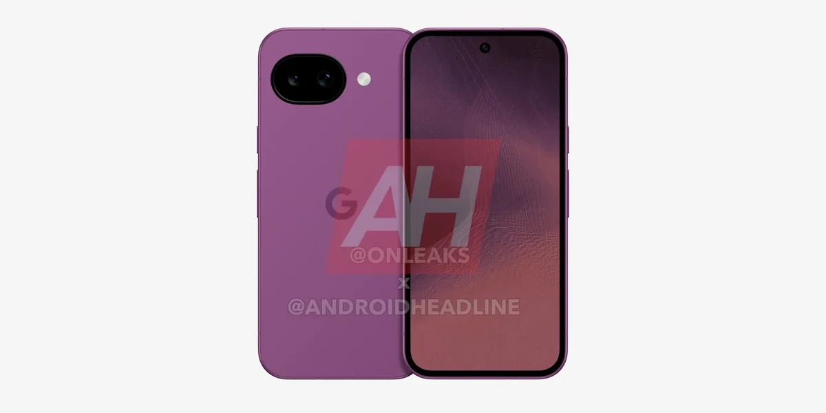Рендер Pixel 11a в фиолетовом цвете, вид спереди и сзади
