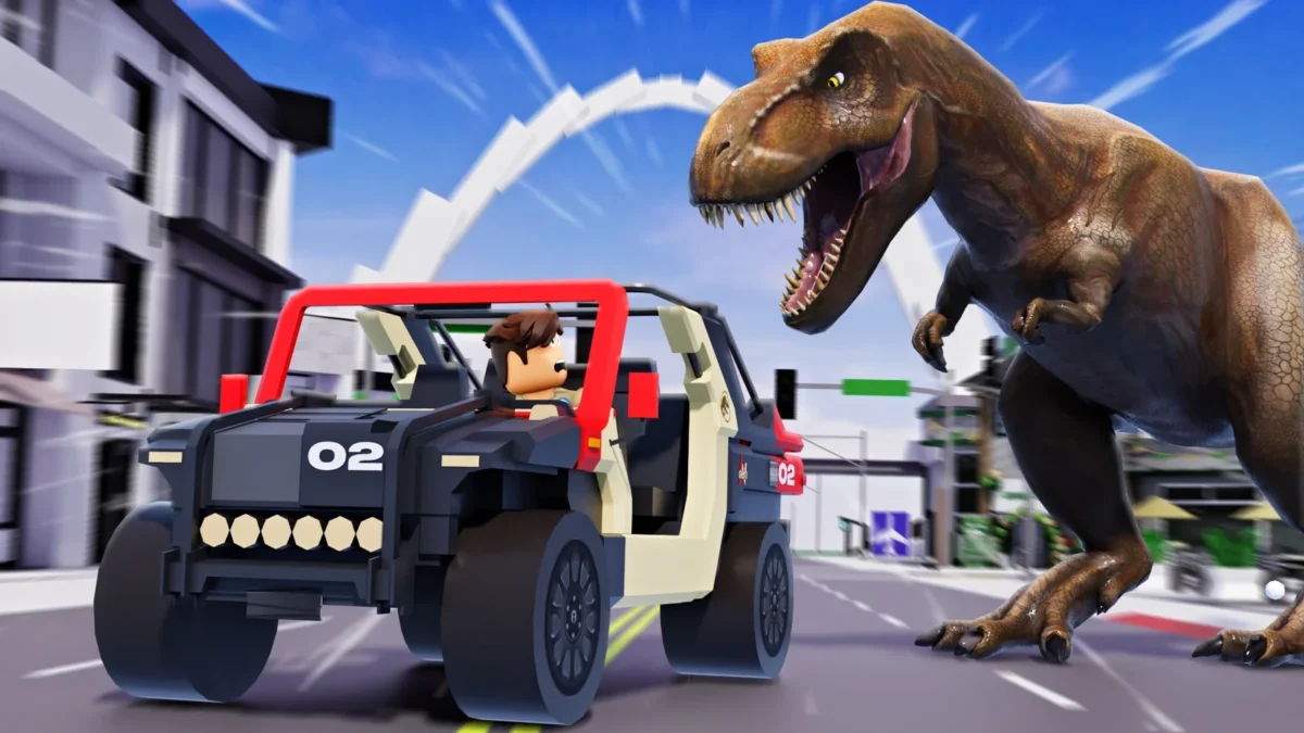 Кадр из игры на платформе Roblox: машина и динозавр