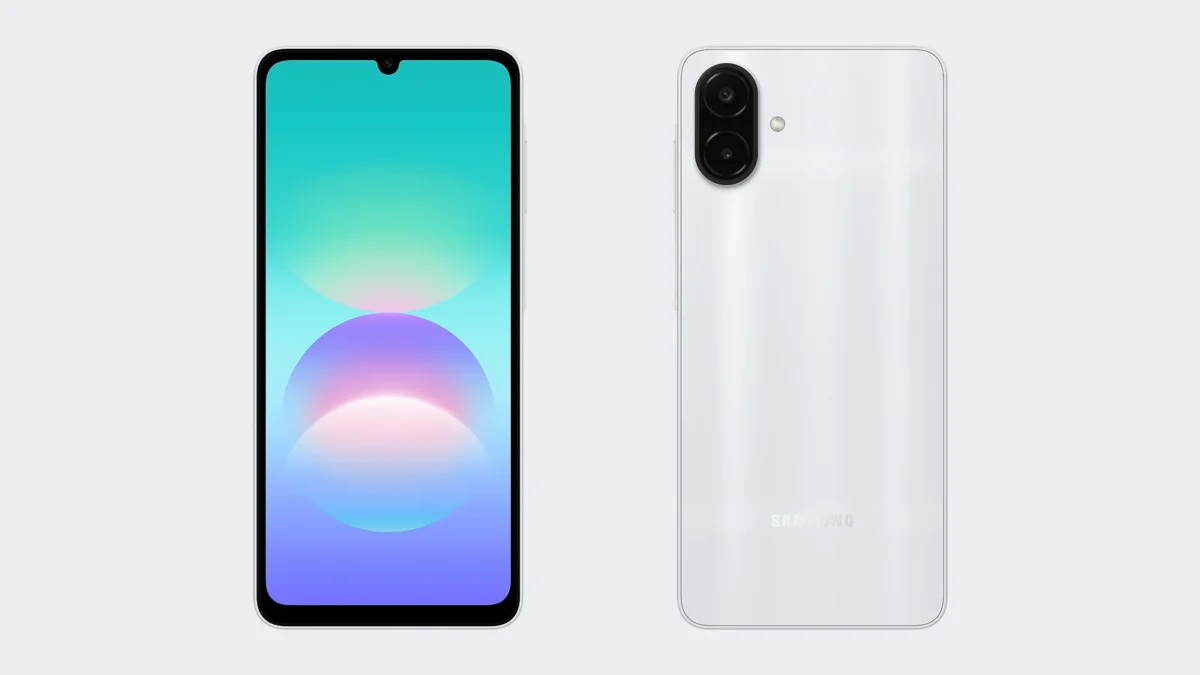 Samsung Galaxy A08 серебристого цвета, вид спереди и сзади
