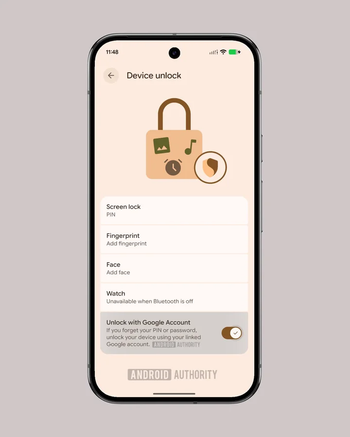 Раздел Device unlock с переключателем Unlock with Google Account в Android 17 QPR2 Beta 5