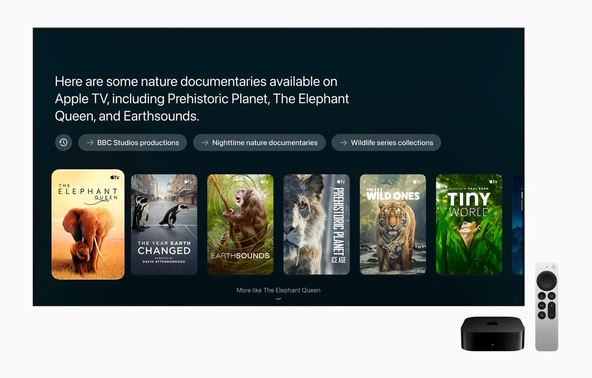 Экран Siri AI на Apple TV с подборкой документальных фильмов о природе и подсказками для следующего запроса
