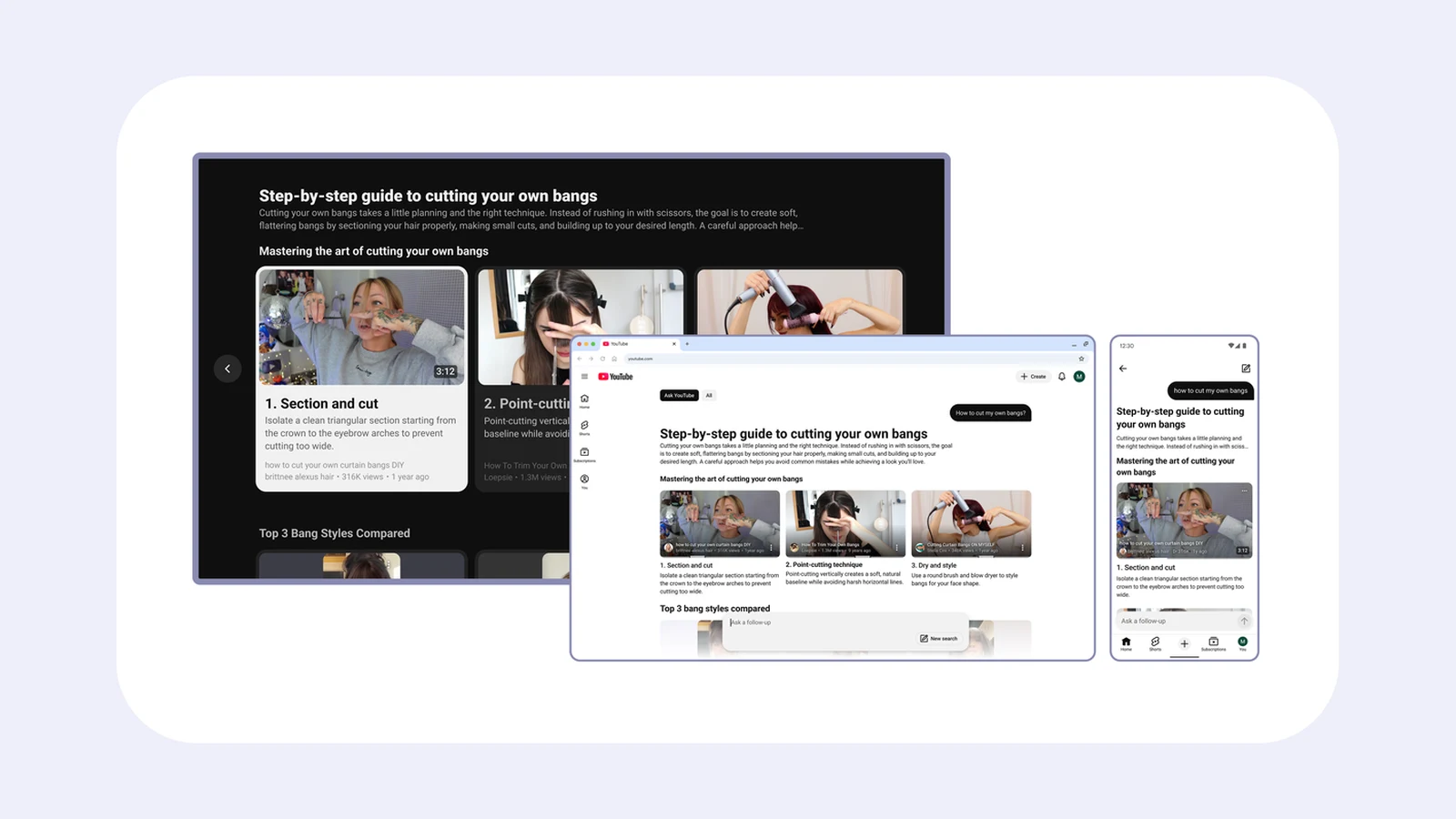 Ответ Ask YouTube с пошаговой инструкцией на экранах телевизора, ноутбука и смартфона
