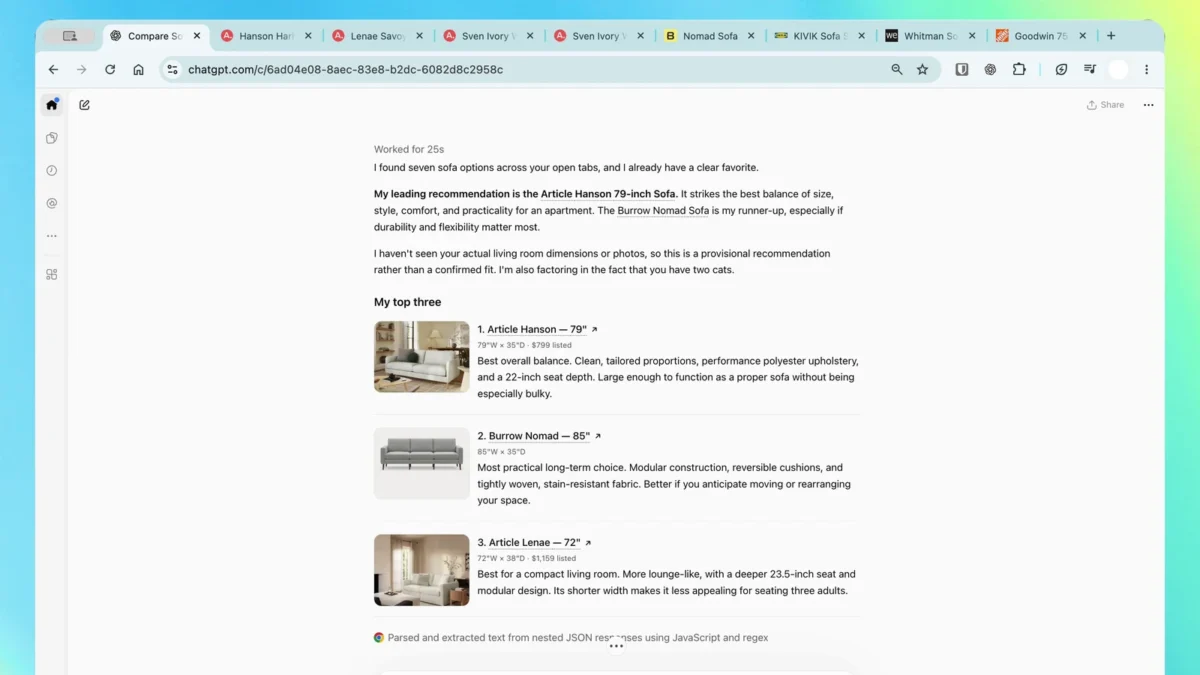 ChatGPT в Chrome сравнивает диваны из открытых вкладок, кадр из видео OpenAI