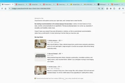 ChatGPT в Chrome сравнивает диваны из открытых вкладок, кадр из видео OpenAI
