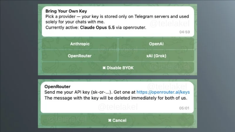 Окно выбора ИИ-провайдера в Telegram Agent: Anthropic, OpenAI, OpenRouter и xAI, ниже запрос API-ключа