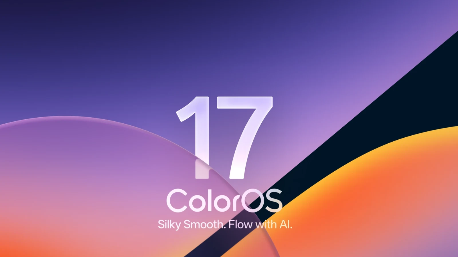 Заставка ColorOS 17 на сайте Oppo с цифрой 17 на фиолетово-оранжевом фоне