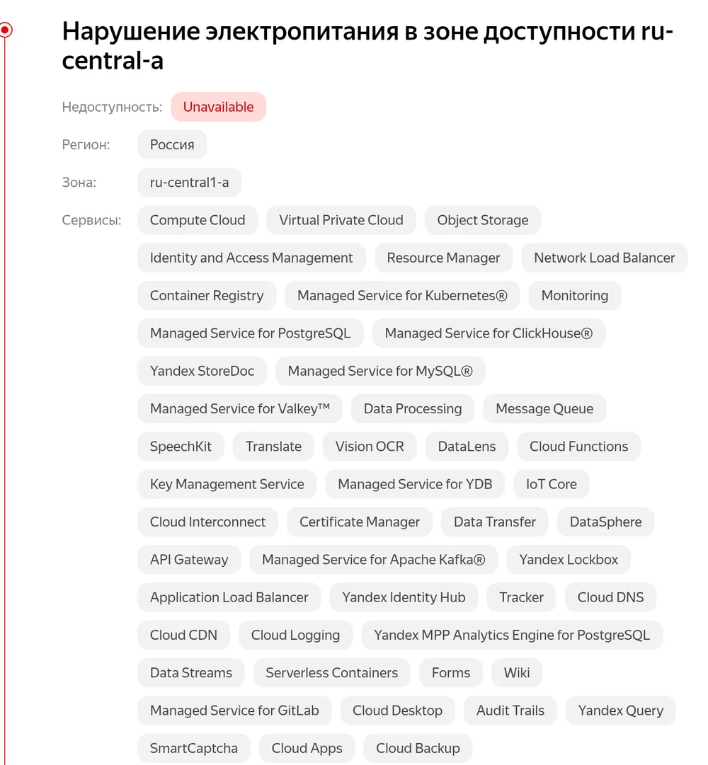 Инцидент на статус-странице Yandex Cloud: зона ru-central1-a недоступна, список затронутых сервисов