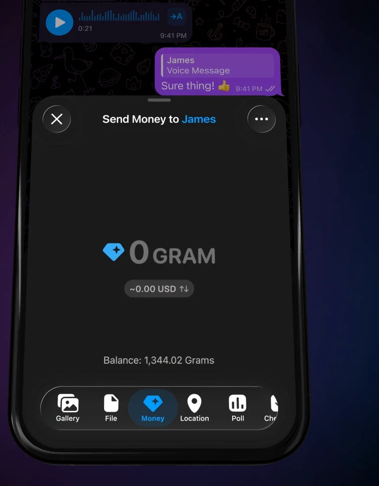 Перевод GRAM в чате Telegram через вкладку Money в меню вложений