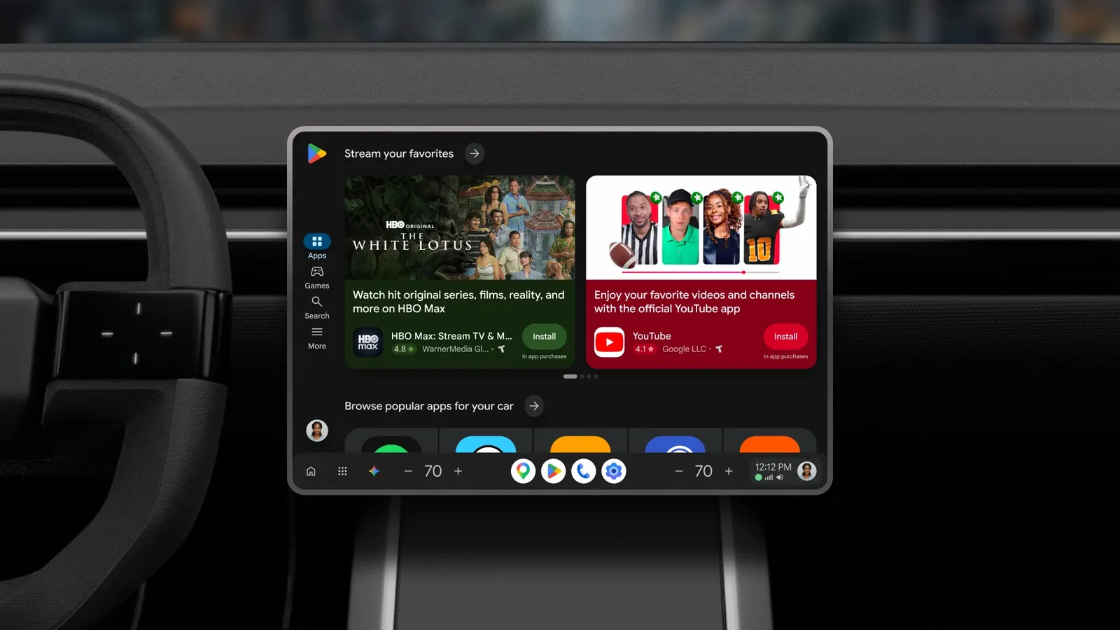 Новый интерфейс Google Play на экране автомобиля с Google built-in