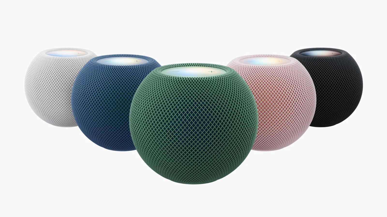 Пять колонок HomePod mini 2: белая, синяя, зеленая, розовая и черная