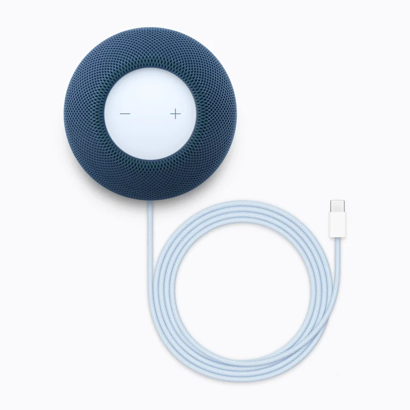 HomePod mini 2 синего цвета, вид сверху, с плетёным кабелем USB-C