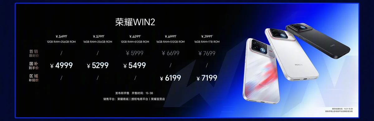 Слайд Honor с ценами пяти версий WIN 2 в юанях