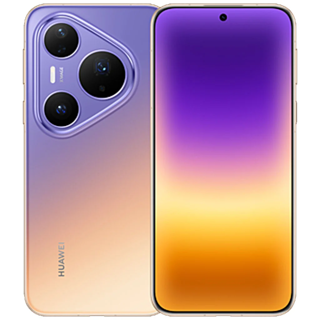 Huawei Pura 90 Plus в градиентном фиолетово-золотом цвете: задняя панель с треугольным блоком камер и экран