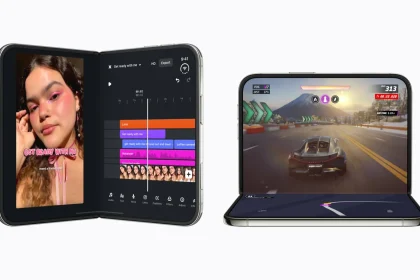 Раскрытый iPhone Duo с видеоредактором и полусложенный iPhone Duo с игрой