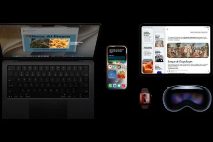 MacBook, iPhone, iPad, Apple Watch и Vision Pro с интерфейсом систем Apple 27-й версии